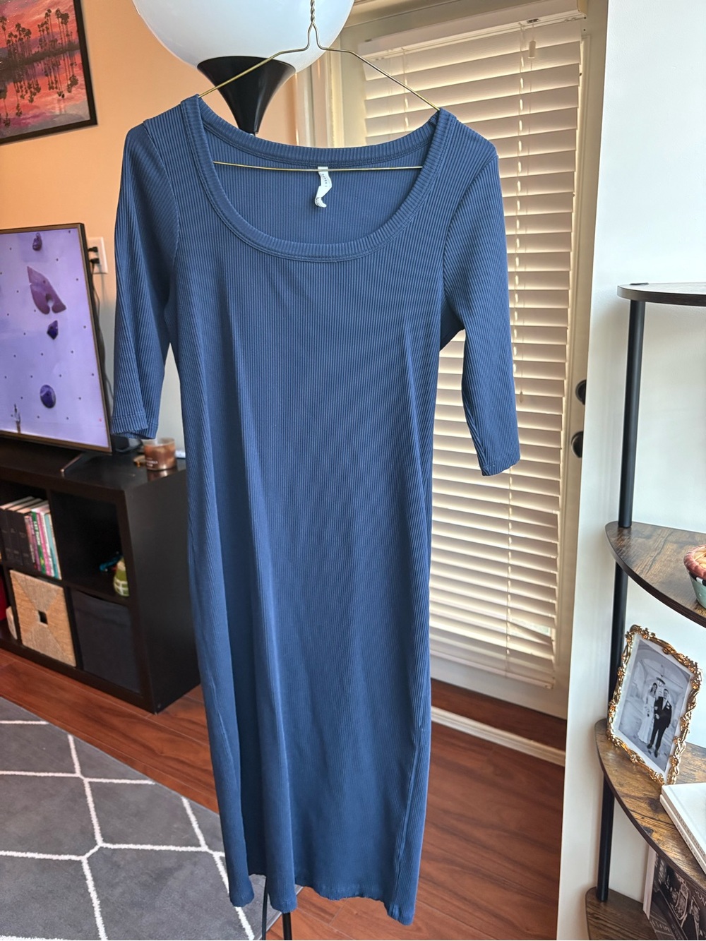 Classic Ribbed Scoop Neck Women's Dress - Navy